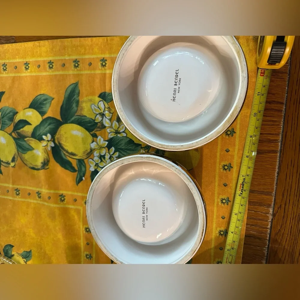 Vintage Henri Bendel Centennial Stripe and Gold Rimmed Pet Bowl Pair in EUC
